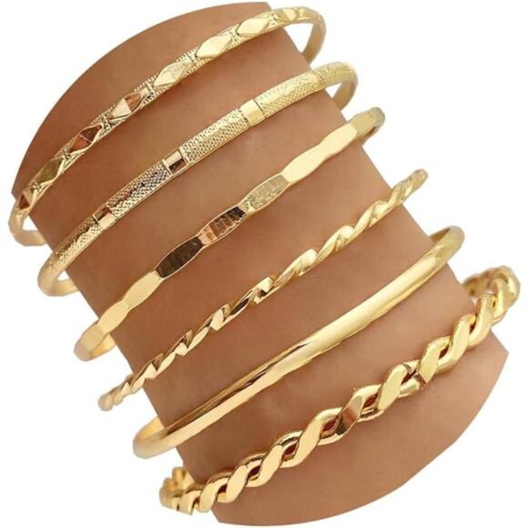Womens Gold Bangle Bracelet Set 14k Plated Multi Layer Stackable Cuff Jewelry - Picture 1 of 8